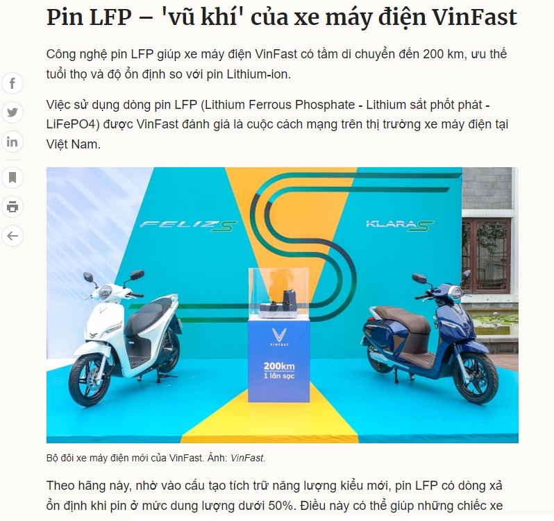 Báo chính thống vnexpress đưa tin về pin LFP của xe điện cao cấp Vinfast