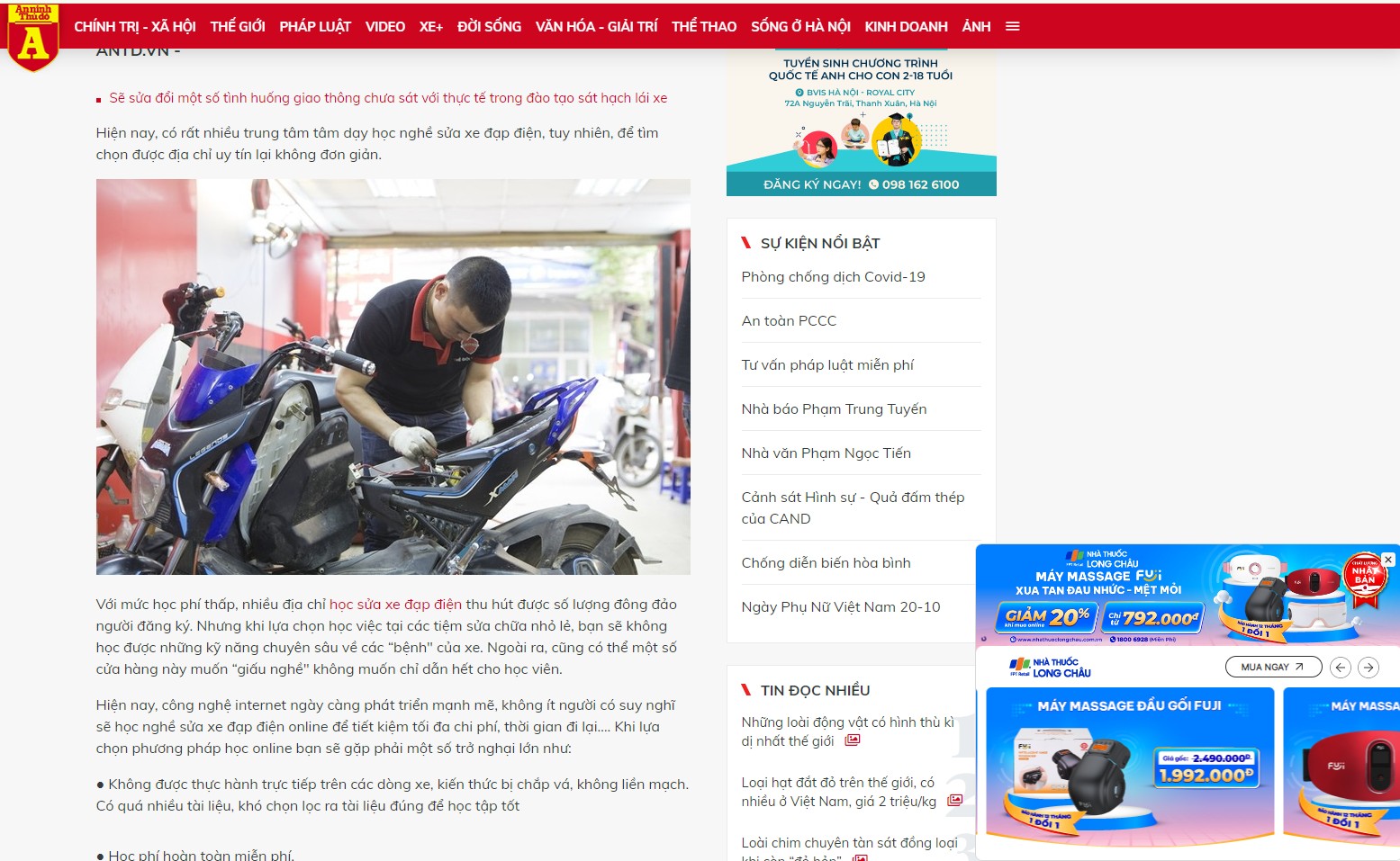 Báo An Ninh Thủ Đô đưa tin về khoá học nghề sửa xe điện tại Thế Giới Xe Điện